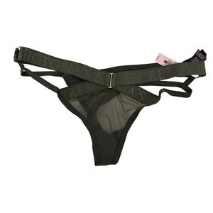 Victoria's Secret Thong Womens M Green Very Sexy Logo Strappy Mesh Gold Ring NWT